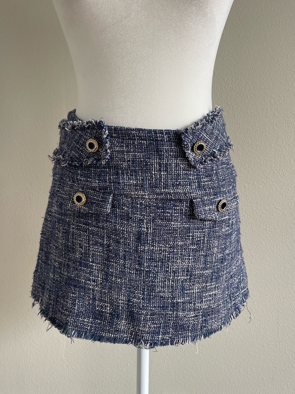 Space Style Concept Navy Tweed Frayed Mini Skort with Gold Grommets